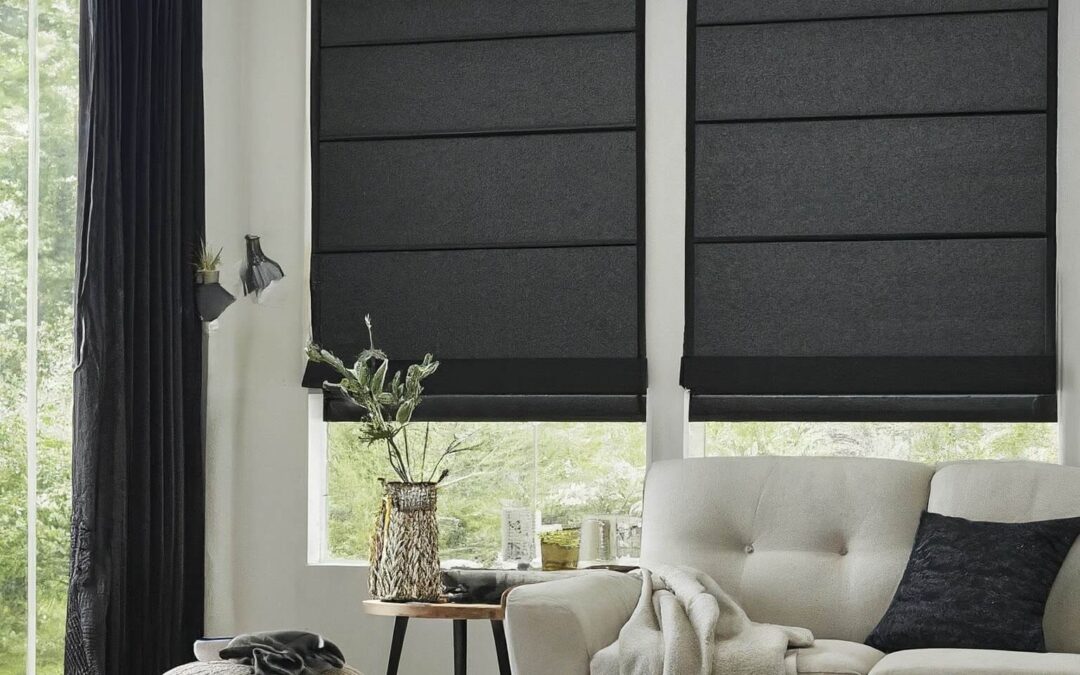 czarne rolety rzymskie na oknach